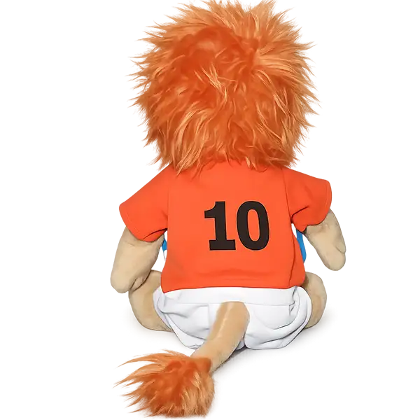 Loeki the Lion plush toy as an Orange footballer