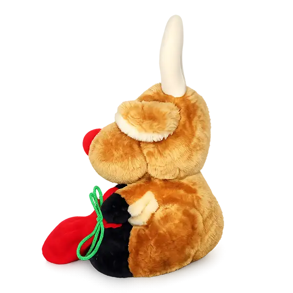 Imported Plush Sitting Reindeer Holding a Red  Santa  Bag - Perfect Gift